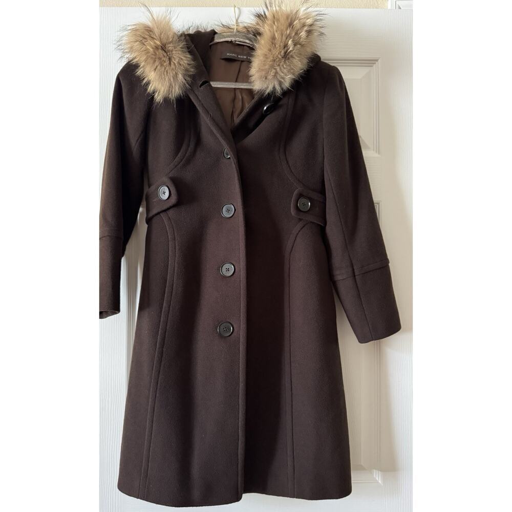MARC NEW YORK BROWN WOOL COAT WITH FUR HOOD SIZE 2P